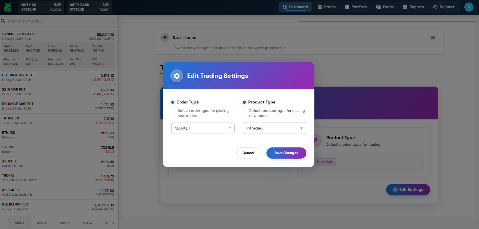 MarketBhai option chain screen with strike prices and open interest
